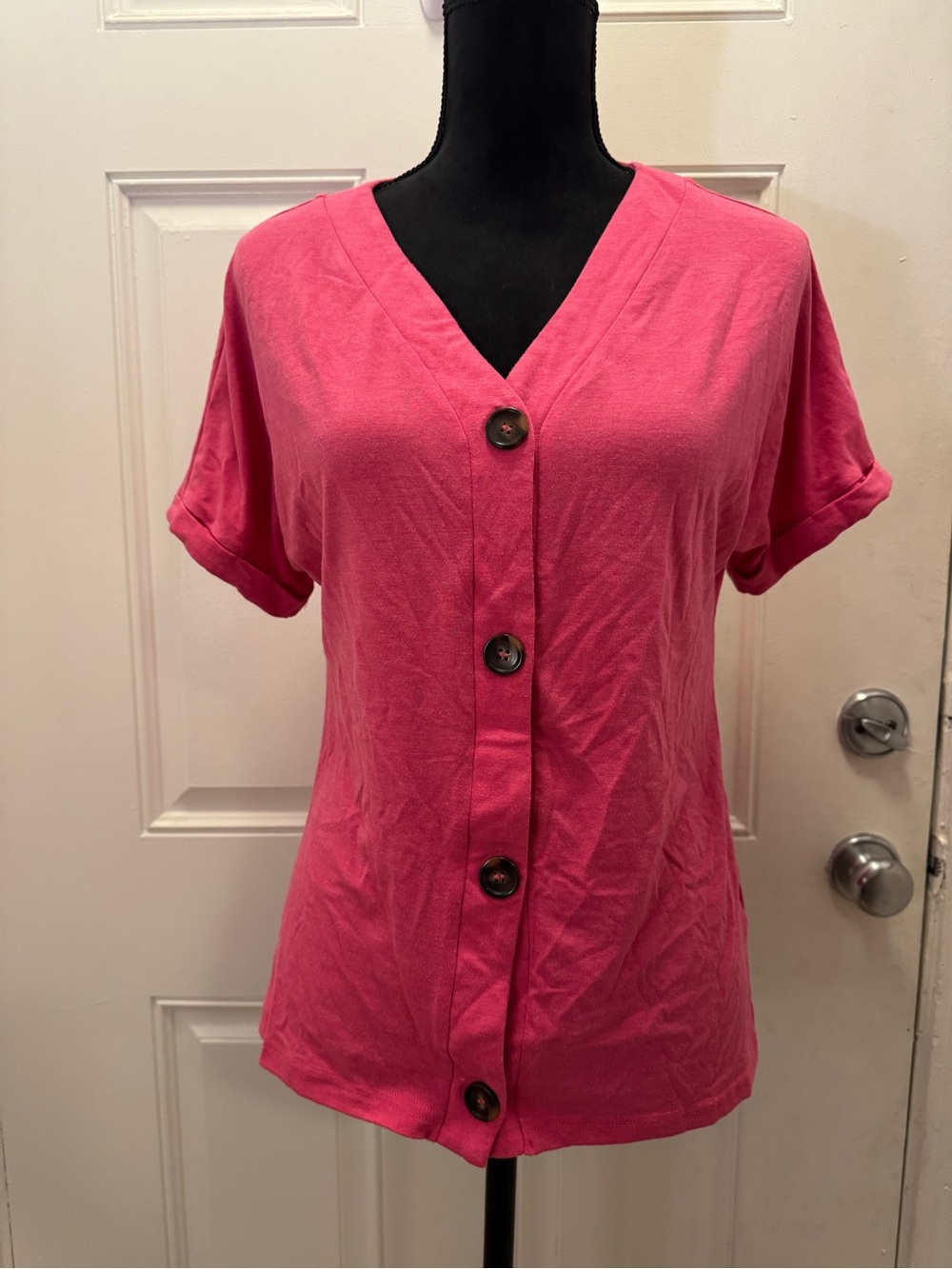 Women's Pink V-Neck Button-Front Short Sleeve Top 0455
